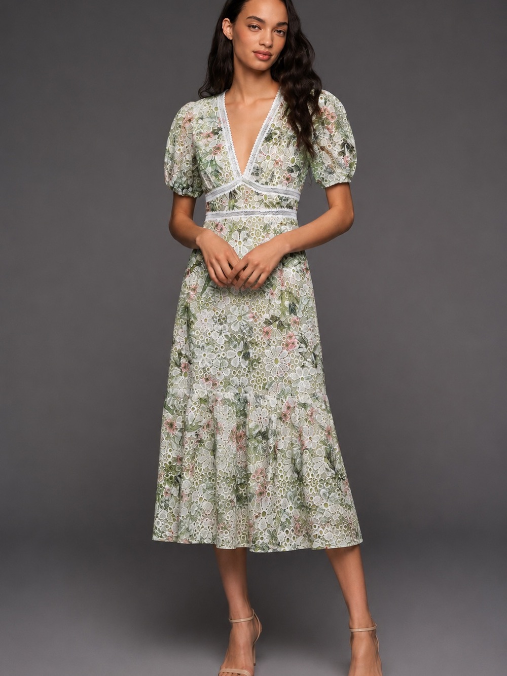NWT Boutique Floral Crochet Eyelet Lace 
Cottagecore Just Me Midi Dress Large